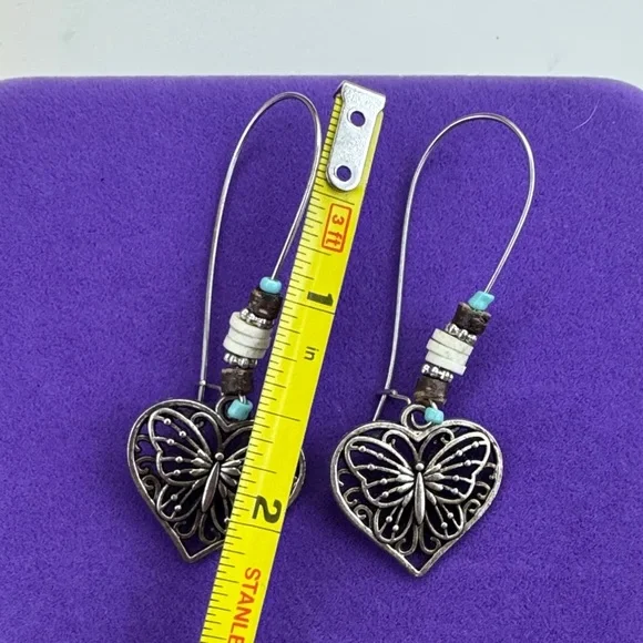💛 Silver Butterfly Heart Earrings | Boho Whimsical Vintage Style - Picture 2 of 4